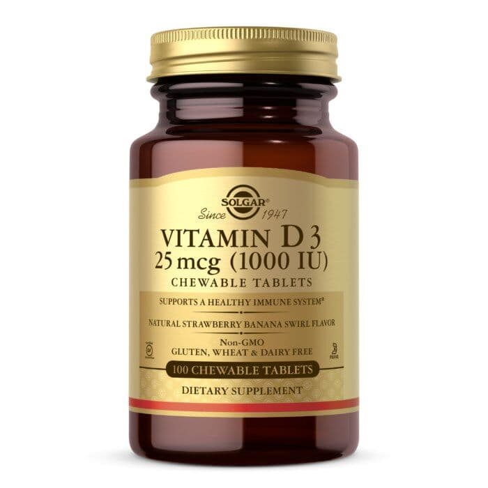 Vitamin D3-tyggetabletter, 25 mcg (jordbær- & banansmag) – 100 tyggetabletter