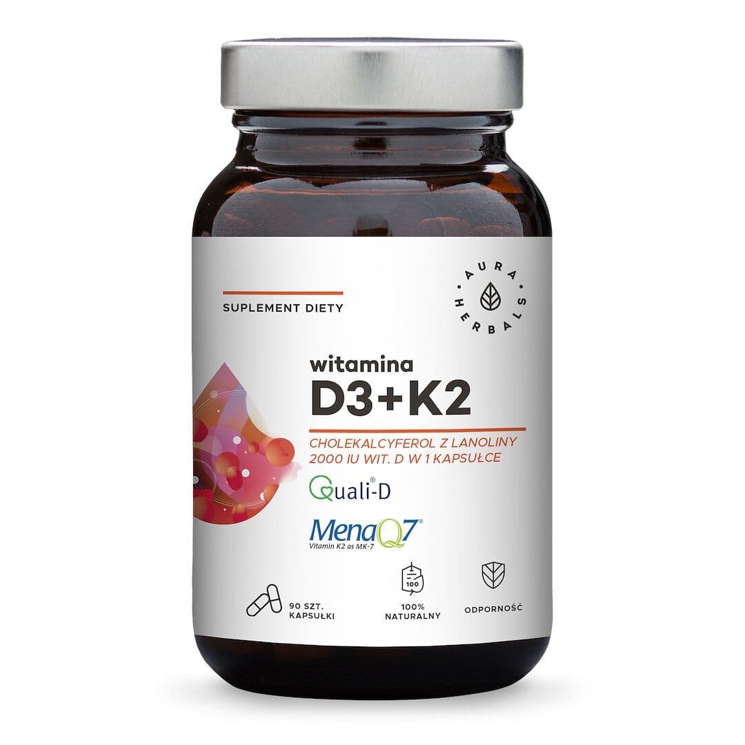 AURA HERBALS Vitamin D3, 2000 IU, 50 mcg + K2 (90 kapsler)
