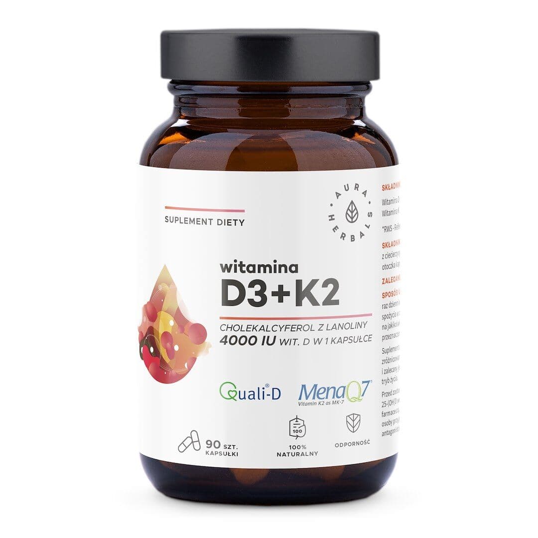 AURA HERBALS Vitamin D3, 4000 IU, 100 mcg + K2 (90 kapsler)