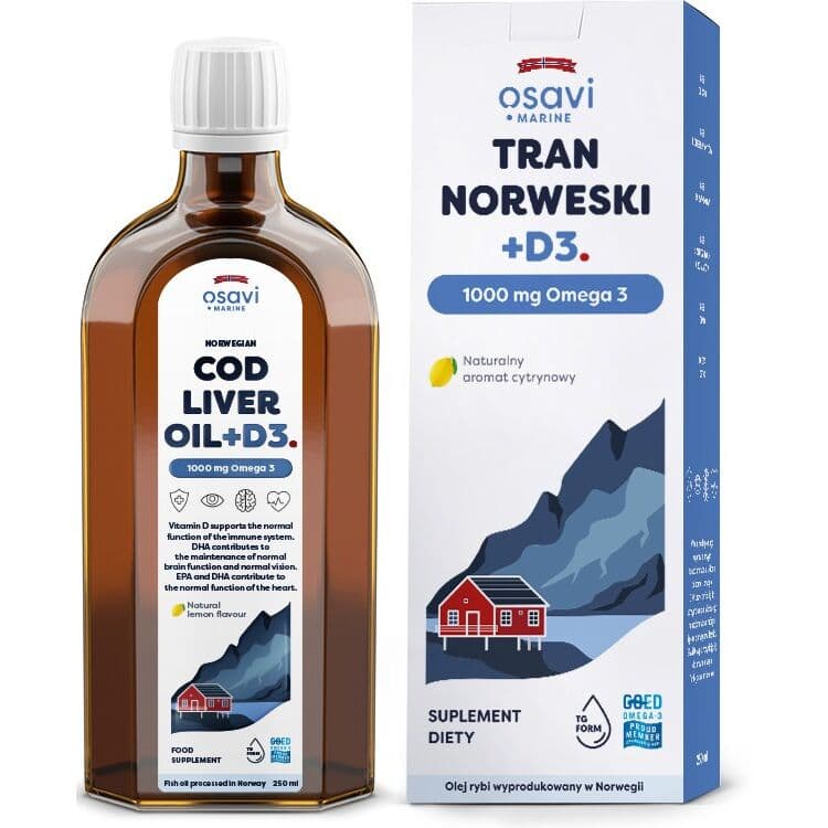 OSAVI Norwegian Cod Liver Oil +D3, 1000 mg Omega 3 – lemon flavor (250 ml / 8.5 fl. oz.)