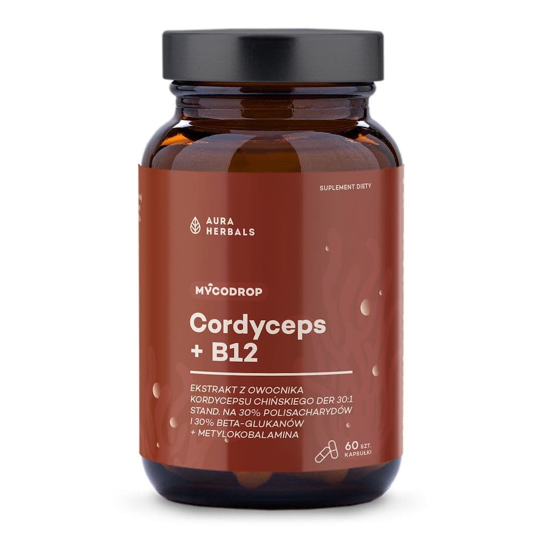 AURA HERBALS Mycodrop, Cordyceps 30:1 + B12, 30% beta-glukan (60 caps)