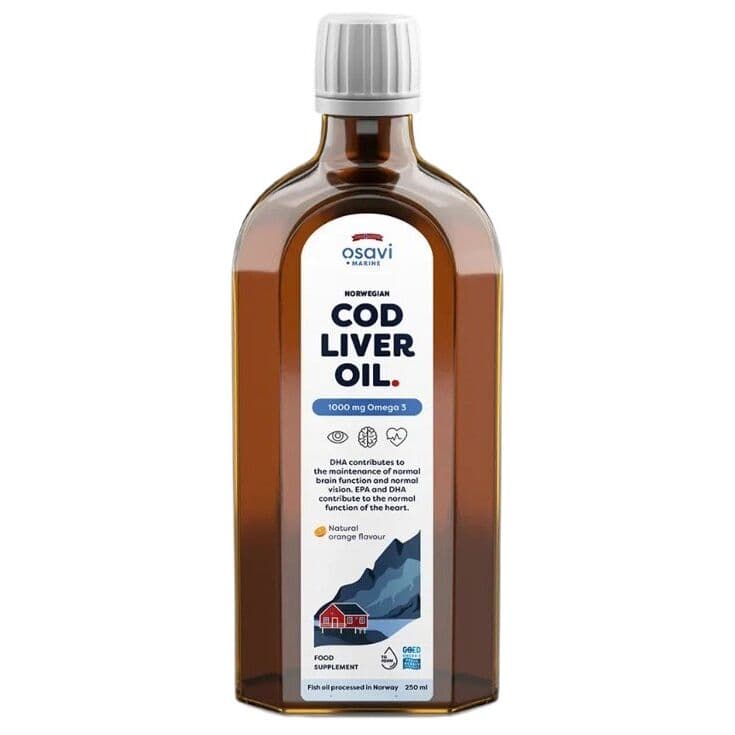 OSAVI Norwegian Cod Liver Oil 1000 mg Omega 3, natural orange flavour (250 ml)